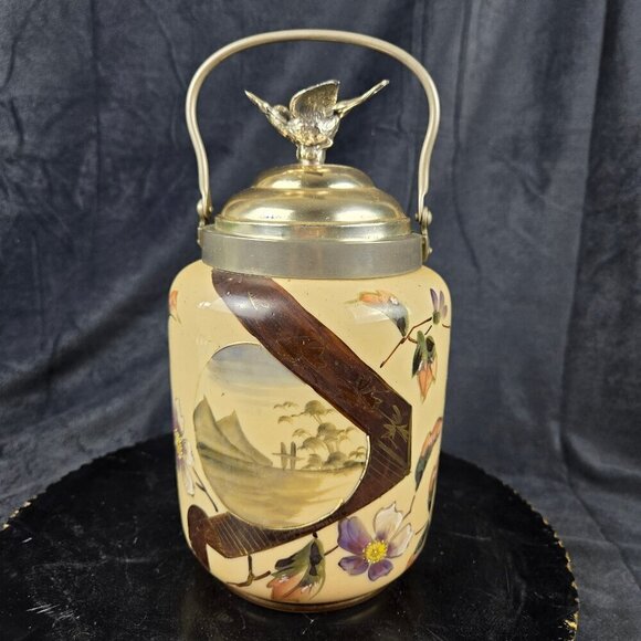 Hand Painted Porcelain Biscuit Barrel Silver Tone Lid With Bird Floral Motif VTG - Picture 1 of 16